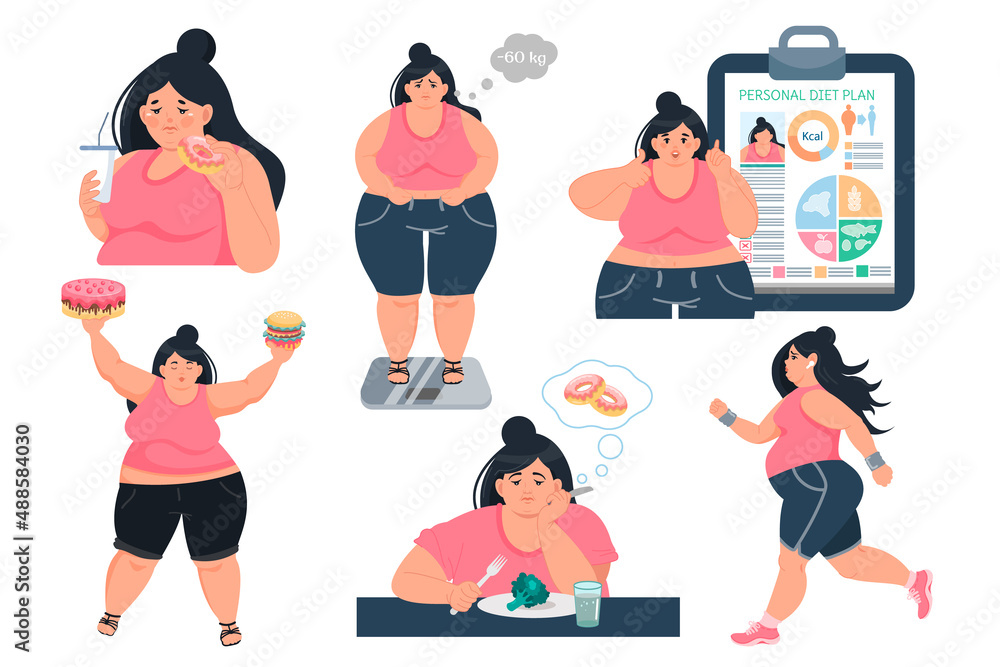 Vector set of illustrations with an obese woman in different poses. Problems with excess weight, bad eating habits, gluttony, obesity, unhealthy diet. The concept of weight loss and diet - obrazy, fototapety, plakaty 