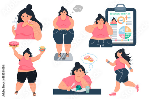 Vector set of illustrations with an obese woman in different poses. Problems with excess weight, bad eating habits, gluttony, obesity, unhealthy diet. The concept of weight loss and diet