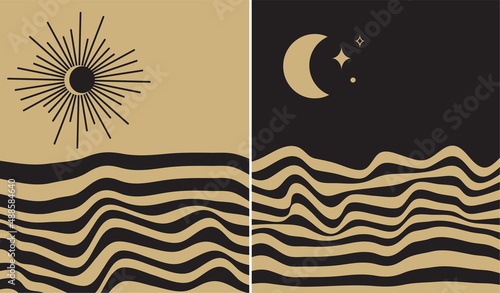 Mid century gold bohemian minimalist wavy retro art with abstract landscapes, sun and moon, sunburst. Vintage posters, illustrations with lines and shapes for wall art, posters, cards, brochure design