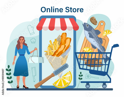 Fish and chips online service or platform. British deep-fried fish