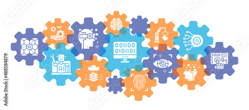 Artificial Intelligence line icon banner. Robotics, Chatbot, Database, Big Data set icons isolated on white background
