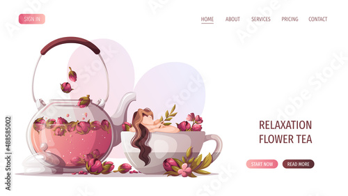 Teapot and woman lying in huge teacup. Tea shop, cafe-bar menu, tea lover, tea party, beverages concept. Vector illustration for poster, banner, website, menu, advertising. 