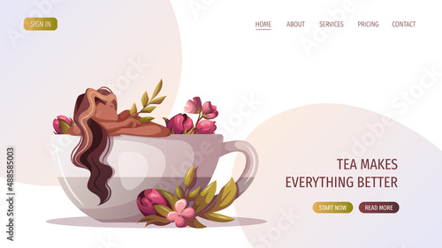 Woman lying in huge teacup. Tea shop, cafe-bar menu, tea lover, tea party, beverages concept. Vector illustration for poster, banner, website, menu, advertising. 