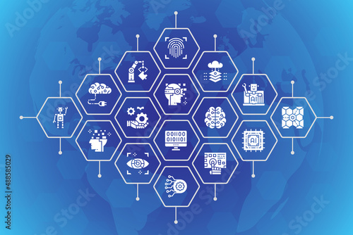 Artificial Intelligence vector illustration. Robotics, Chatbot, Database, Big Data line icons promotion banner. Web banner layout template.