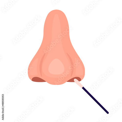 Nose pcr swab test for control virus covid 19. Nasal probe for fast analysis on check presence covid. Nose and medical stick. Vector illustration