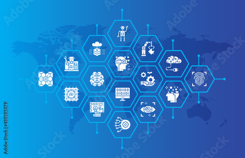 Artificial Intelligence banner. Robotics, Chatbot, Database, Big Data illustration for web page banner or presentation.