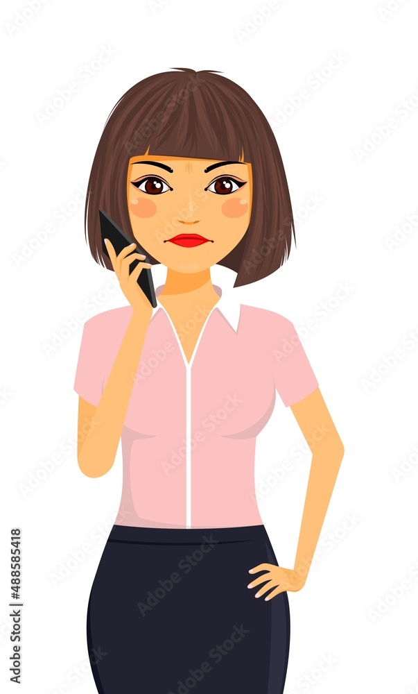 Portrait of a young girl with a mobile phone. The girl is angry, holding a mobile phone in her hand. Emotions, anger.  Flat style on a white background. Cartoon