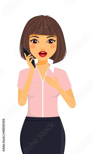 Portrait of a young girl with a mobile phone. The girl is very surprised, holding a cell phone in her hands. Emotions, surprise. Flat style on a white background. Cartoon