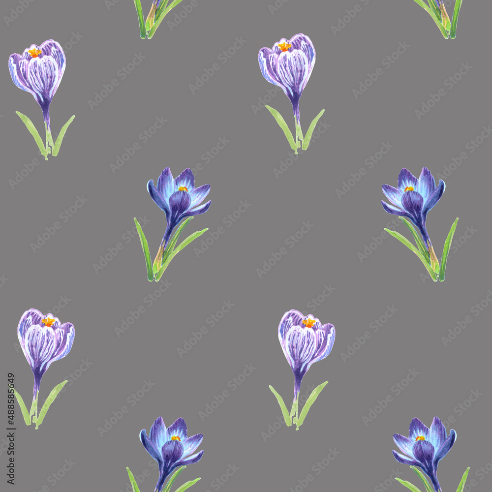 Floral seamless pattern of crocuses drawn by markers on a grey background. For fabric, sketchbook, wallpaper, wrapping paper.