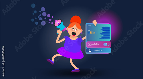 Cartoon girl with a loudspeaker in her hand and a poster