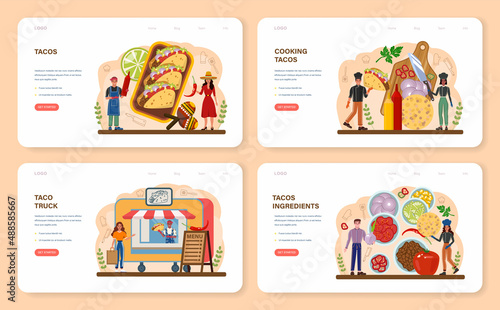 Tacos web banner or landing page set. Traditional mexican fast-food