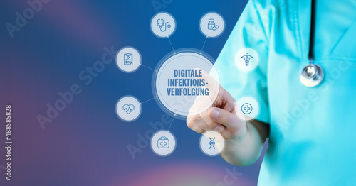 Digitale Infektionsverfolgung. Arzt zeigt auf digitales medizinisches Interface. Text umgeben von Icons, angeordnet im Kreis.