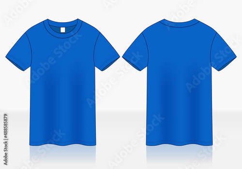 Blank Blue Short Sleeve T-Shirt Template on White Background.Front and Back View, Vector File.