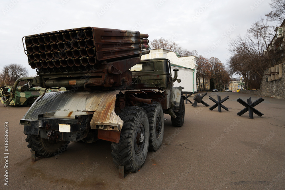 Fototapeta premium Ukraine Russia conflict war escalation concept, Katyusha multiple rocket launcher truck on display in Kyiv, Ukraine
