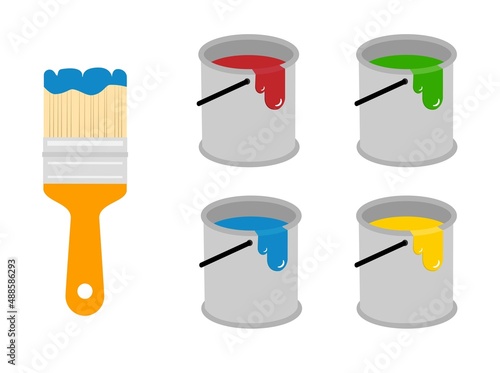 Bucket with colored paint and brush