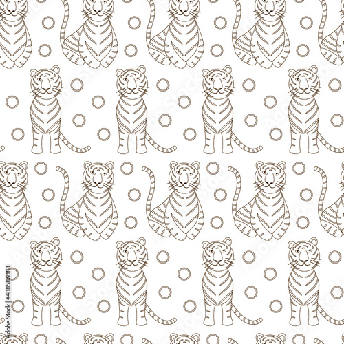Tiger outline on a white background with circles. Seamless vector pattern.