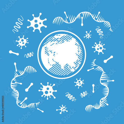 Vector creative illustration. Earth surrounded by viruses. DNA and virus structures surround the planet Earth.