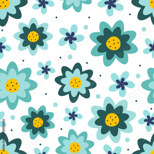 Blue flowers semless pattern. Cartoon style.