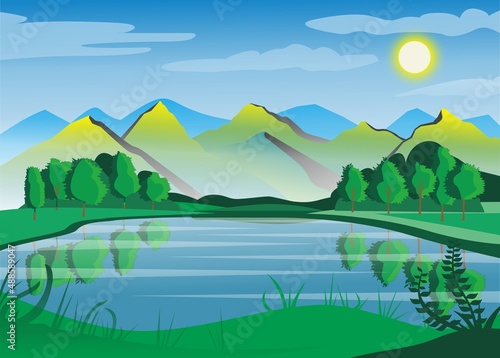 beautiful lake atmosphere on a sunny day with mountains in the background