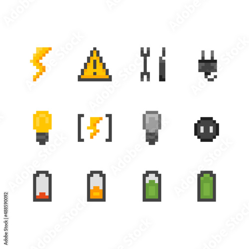 Icon set on electricity and mobile energy theme. Collection of pixel art graphic