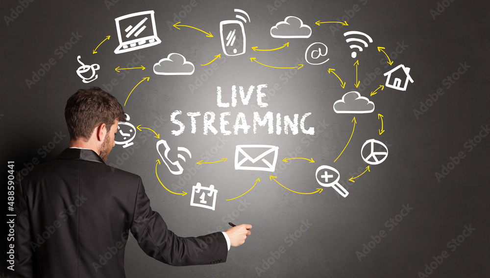 businessman drawing social media icons businessman drawing social media icons