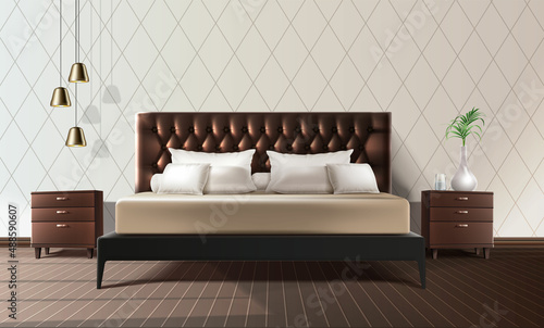 3d realistic vector background. Bedroom interior. King size bed and bedsidetables. Modern design.