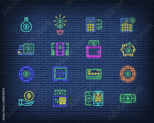 Set of Banking neon sign. Credit Card, Online Payments, Currency Exchange, Atm and more. Isolated on a brick wall background .