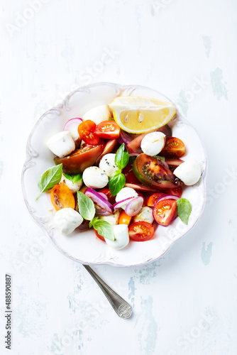 Summer Salad with Mozzarella Cheese, Tomatoes and fresh Basil. Bright wooden background. Top view. Copy space.
