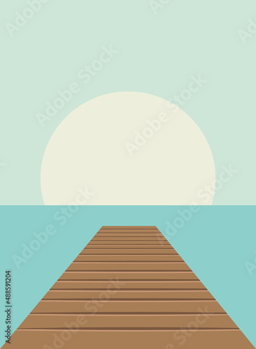 Marine summer background, pier, seashore and big sun in the sky in pastel colors. Vector illustration