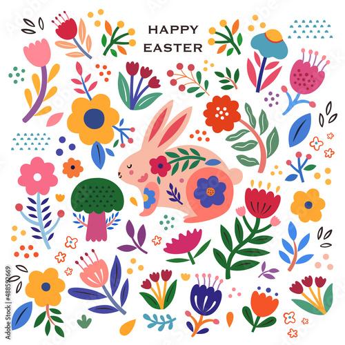 Colorful floral illustration with rabbit. Happy easter greeting card with decorative easter bunny 