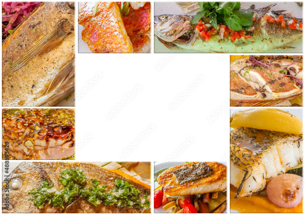 collage de poissons cuisinés  - obrazy, fototapety, plakaty 