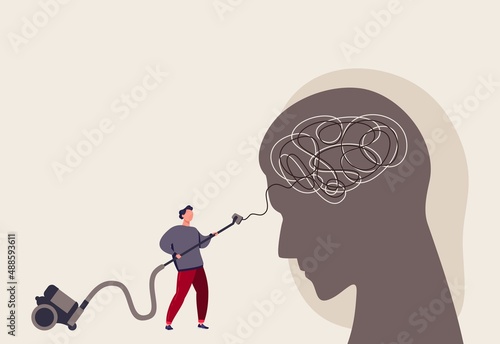 Psychotherapy concept. Psychologist help in getting rid of anxiety. The psychiatrist unravels a tangle of dirty thoughts. Fighting mental illness. Brain metaphor with confusion.