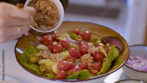 Tuna salad preparation. Healthy lunch.
