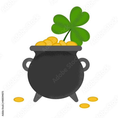 Fotografie, Obraz Saint Patrick's Day composition design with big clover leaf and gold coins in a cauldron