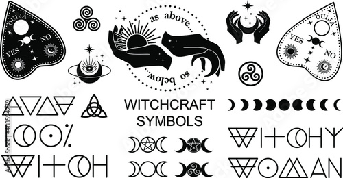 Magical witchy occult signs. mystical symbols. As above so below, witchy woman lettering, ouija, triple moon, moon phases photo