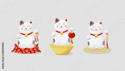 Maneki neko cat and bells, coins, paper lanterns coins on white background. Cartoon vector illustration. Flat style. Funny toy. Traditional asian Isolated object photo