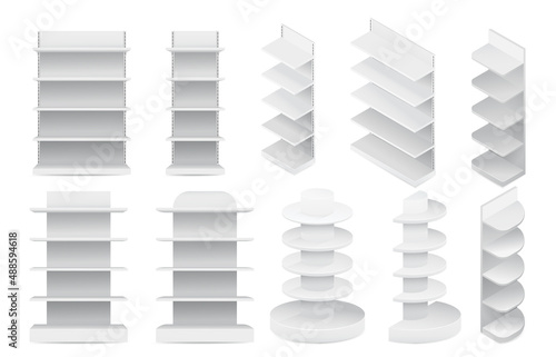 Set of white empty store shelves. Retail shelf rack. Showcase display. Empty market  shop or store shelf. Promotion stand mockup vector set