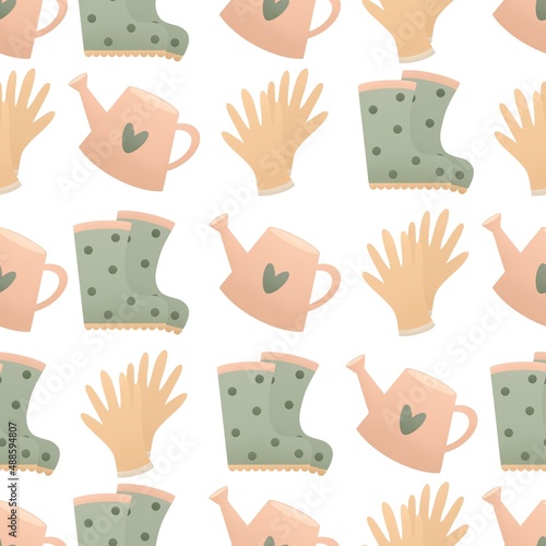 cute gardening spring pattern for kids - rubber boots, gloves and watering can