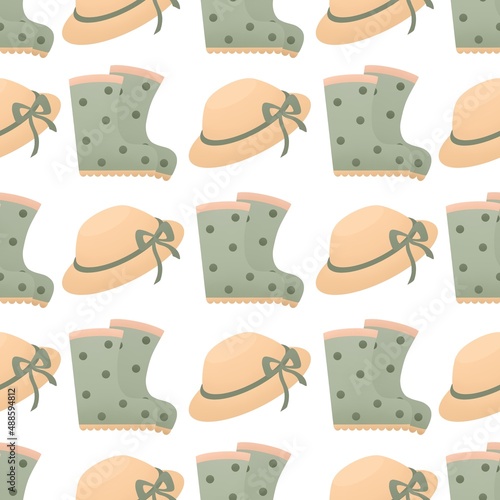 cute spring pattern for kids - a hat with a bow and rubber boots on a white background