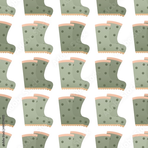 cute spring gardening pattern for kids - rubber green boots on white background