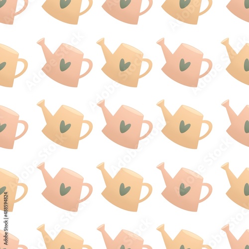 cute spring gardening pattern for kids - pink watering can with heart on white background