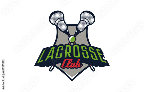 Logo, lacrosse emblem. Colorful emblem of the ball and sticks on the background of the shield. Sports club logo template, lacrosse team. Badge, icon, ball, sticks, shield. Vector illustration