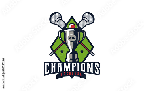 Logo, emblem of lacrosse champions. Colorful cup emblem with sticks and ball on shield background. Lacrosse champions logo template, championship winners, league cup winners. Vector illustration