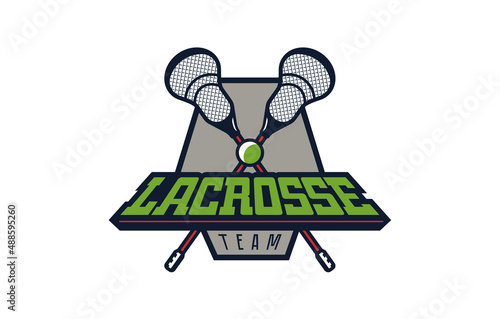 Logo, lacrosse emblem. Colorful emblem of the ball and sticks on the background of the shield. Sports club logo template, lacrosse team. Badge, icon, ball, sticks, shield. Vector illustration