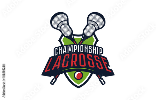 Logo, emblem of the lacrosse championship. Colorful emblem of the championship with the ball and sticks on the background of the shield. Lacrosse sport tournament logo template. Vector illustration