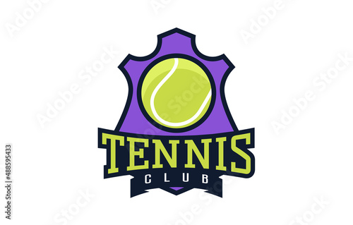 Logo, tennis emblem. Colorful emblem of the ball and rackets on the background of the shield. Sports club, team logo template. Badge, icon, ball, rackets, shield. Isolated vector illustration