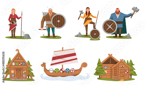 The Vikings. Viking cartoon characters. Drakkar, wooden sail boat, wooden house. Scandinavian mythologyy characters norway costume vikings warrior. Viking and warrior, norway scandinavian people