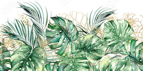 Seamless border with green and golden watercolor tropical leaves illustration