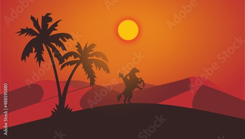 a man riding a horse in the desert at sunset