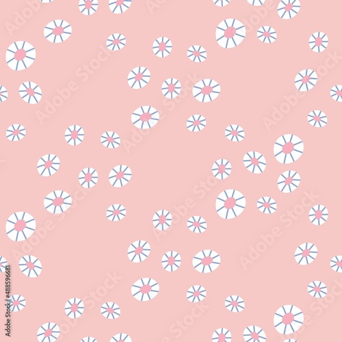 Seamless vector pattern with cute hand drawn tiny daisy flowers. Soft scandinavian floral background for kids room decor, nursery art, apparel, packaging, wrapping paper, textile, fabric, wallpaper.